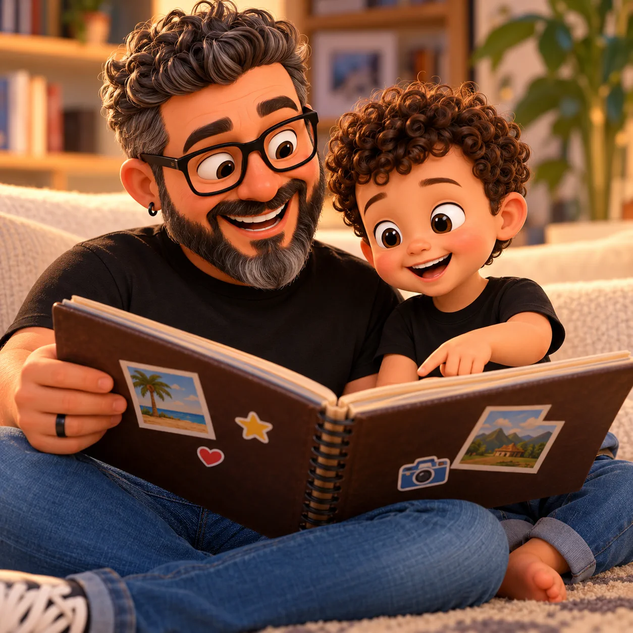 Papai Xispeto e Tetheo recordando histórias juntos em um álbum de memórias