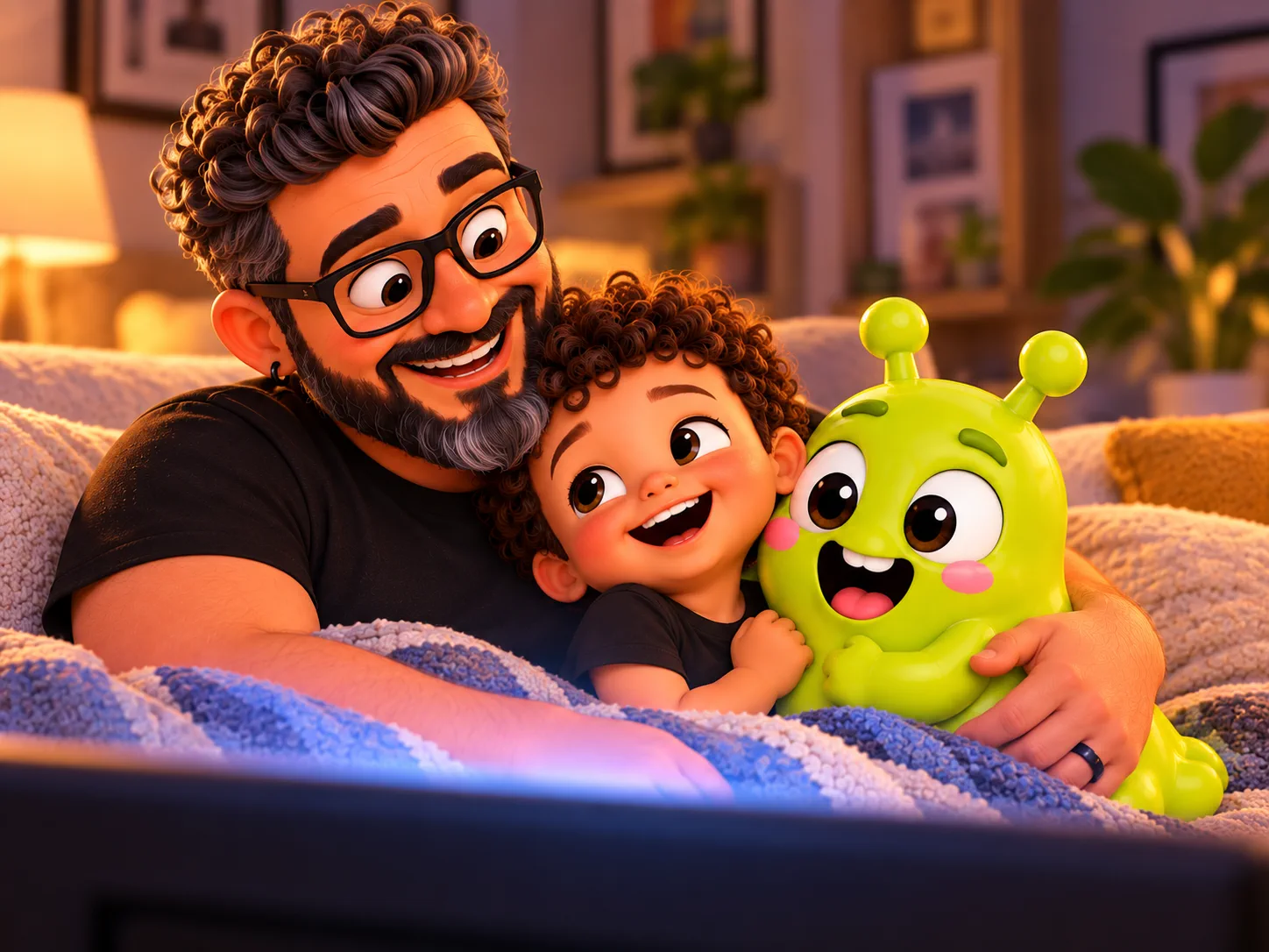 Papai Xispeto, Tetheo e o mascote Melekinha emocionados enquanto assistem a uma história em vídeo