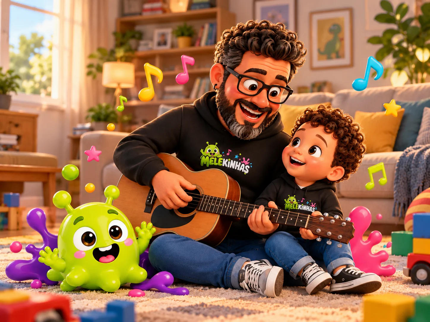 Papai Xispeto tocando violão com Tetheo e o mascote Melekinha na sala