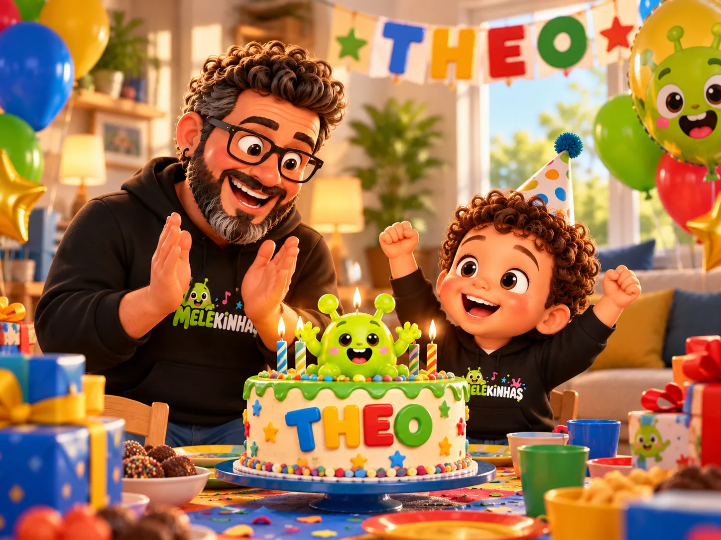 Papai Xispeto e Tetheo comemorando um aniversário com o mascote Melekinha