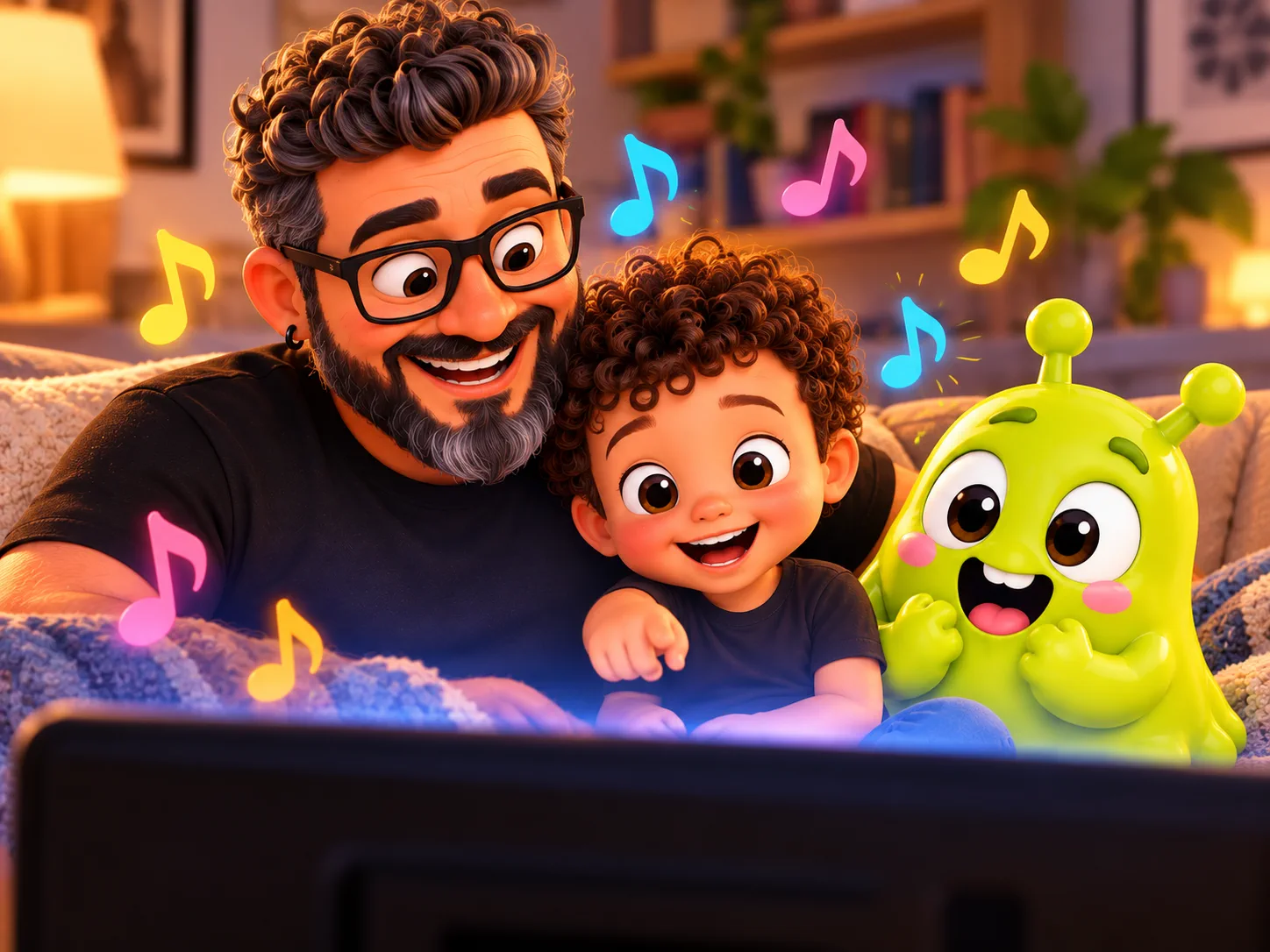 Papai Xispeto, Tetheo e o mascote Melekinha assistindo juntos a um clipe personalizado