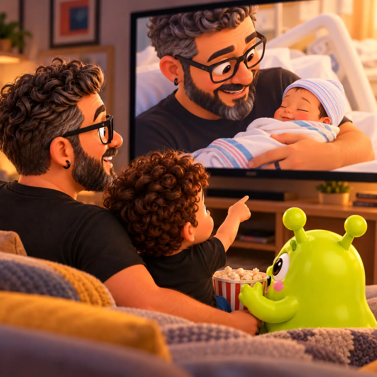 Papai Xispeto, Tetheo e o mascote Melekinha assistindo ao clipe animado na televisão