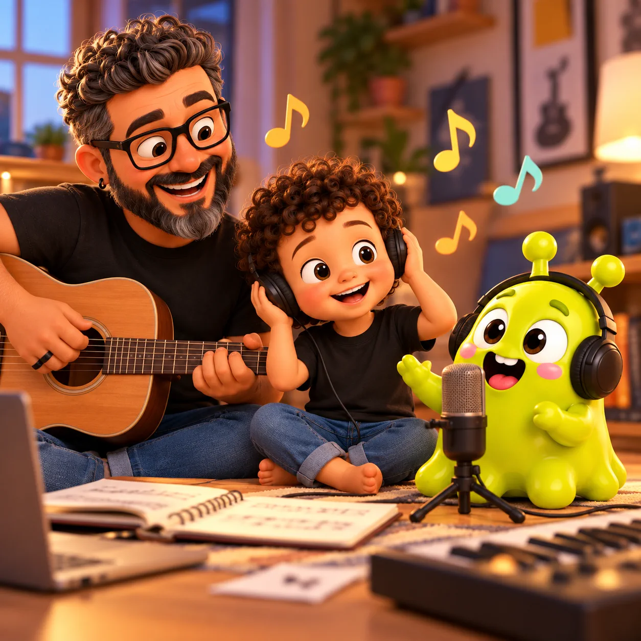 Papai Xispeto tocando violão enquanto Tetheo e o mascote Melekinha participam da criação musical
