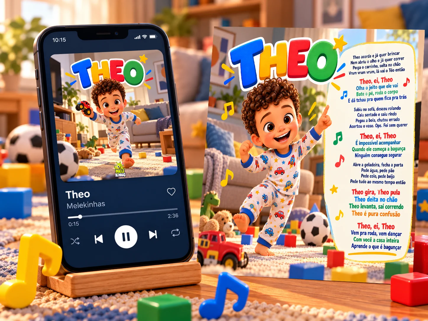Celular tocando a música Theo ao lado da capa personalizada e da letra da canção