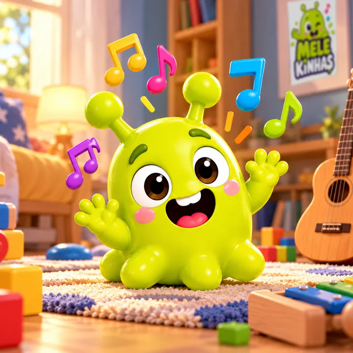 Mascote Melekinha sorrindo e dançando entre notas musicais coloridas em um quarto de brinquedos com ukulele